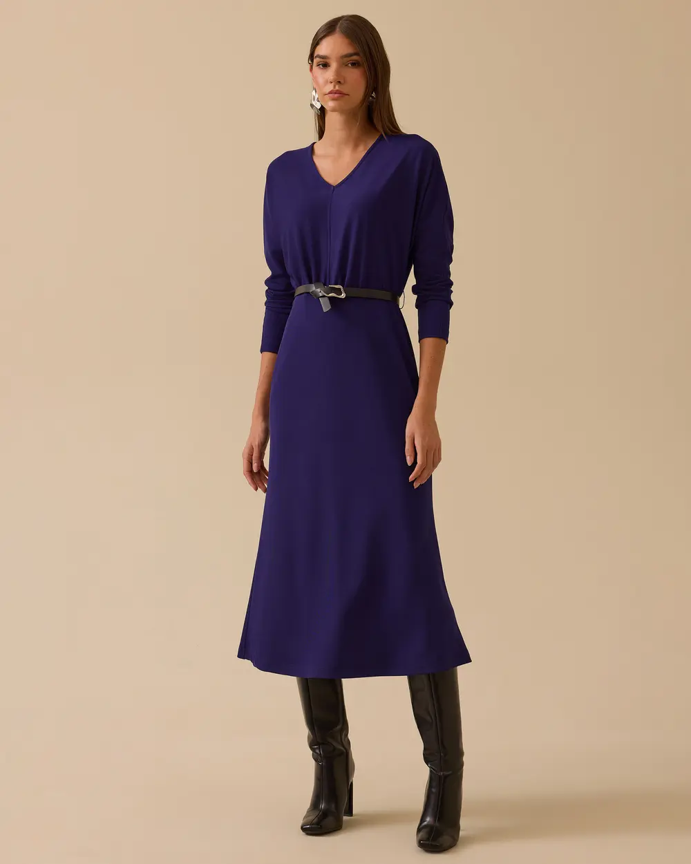 V Yaka Yarasa Kol Kemerli Elbise