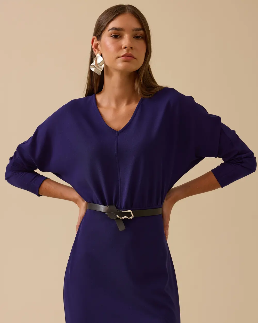 V Yaka Yarasa Kol Kemerli Elbise