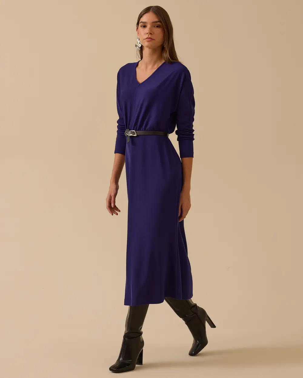 V Yaka Yarasa Kol Kemerli Elbise