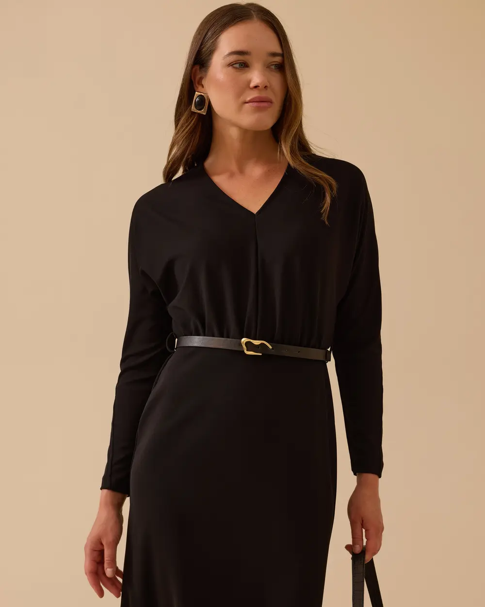 V Yaka Yarasa Kol Kemerli Elbise