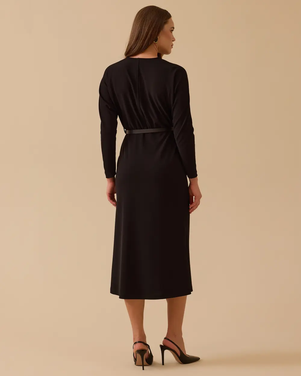 V Yaka Yarasa Kol Kemerli Elbise