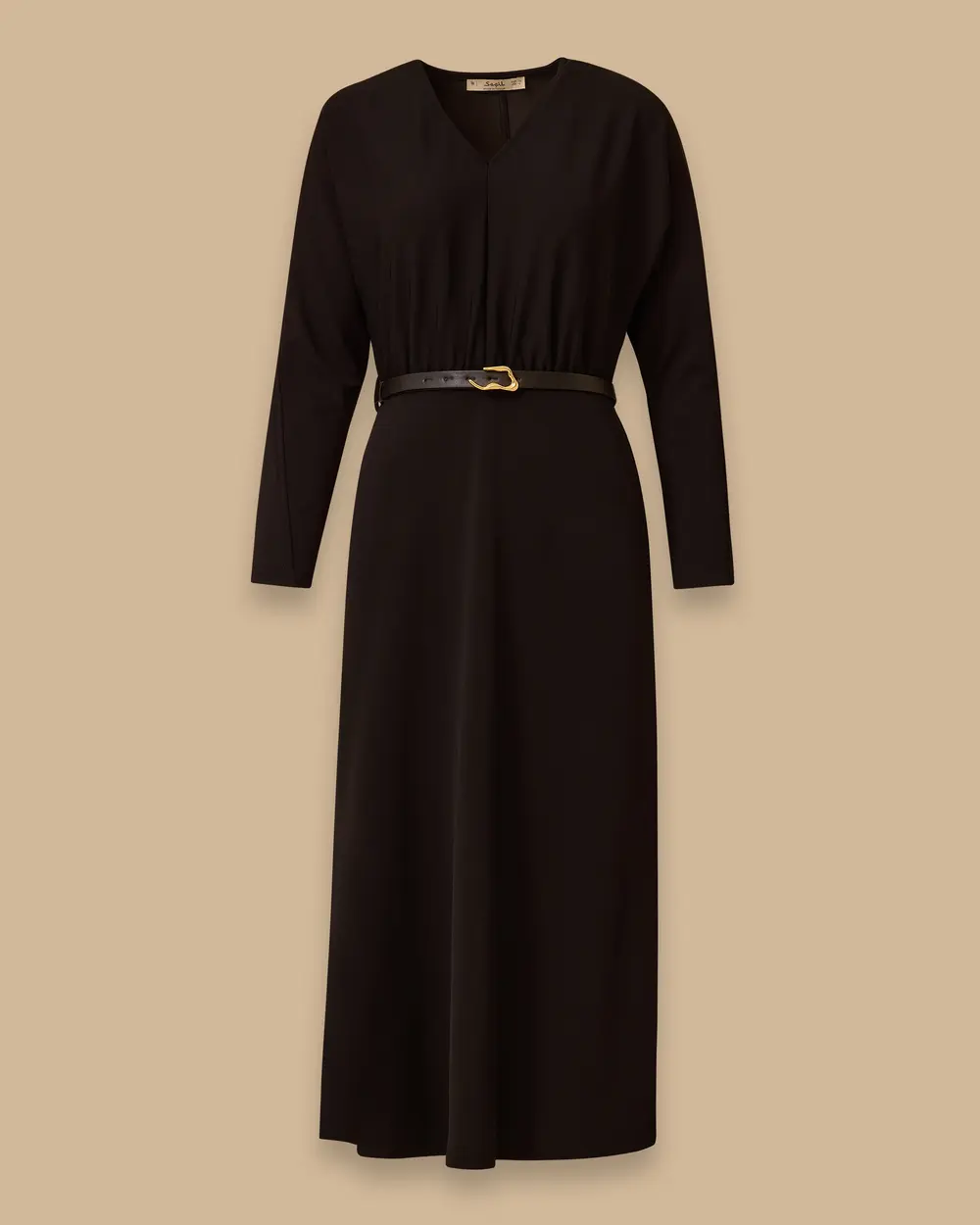 V Neck Bat Sleeve Belted Dress