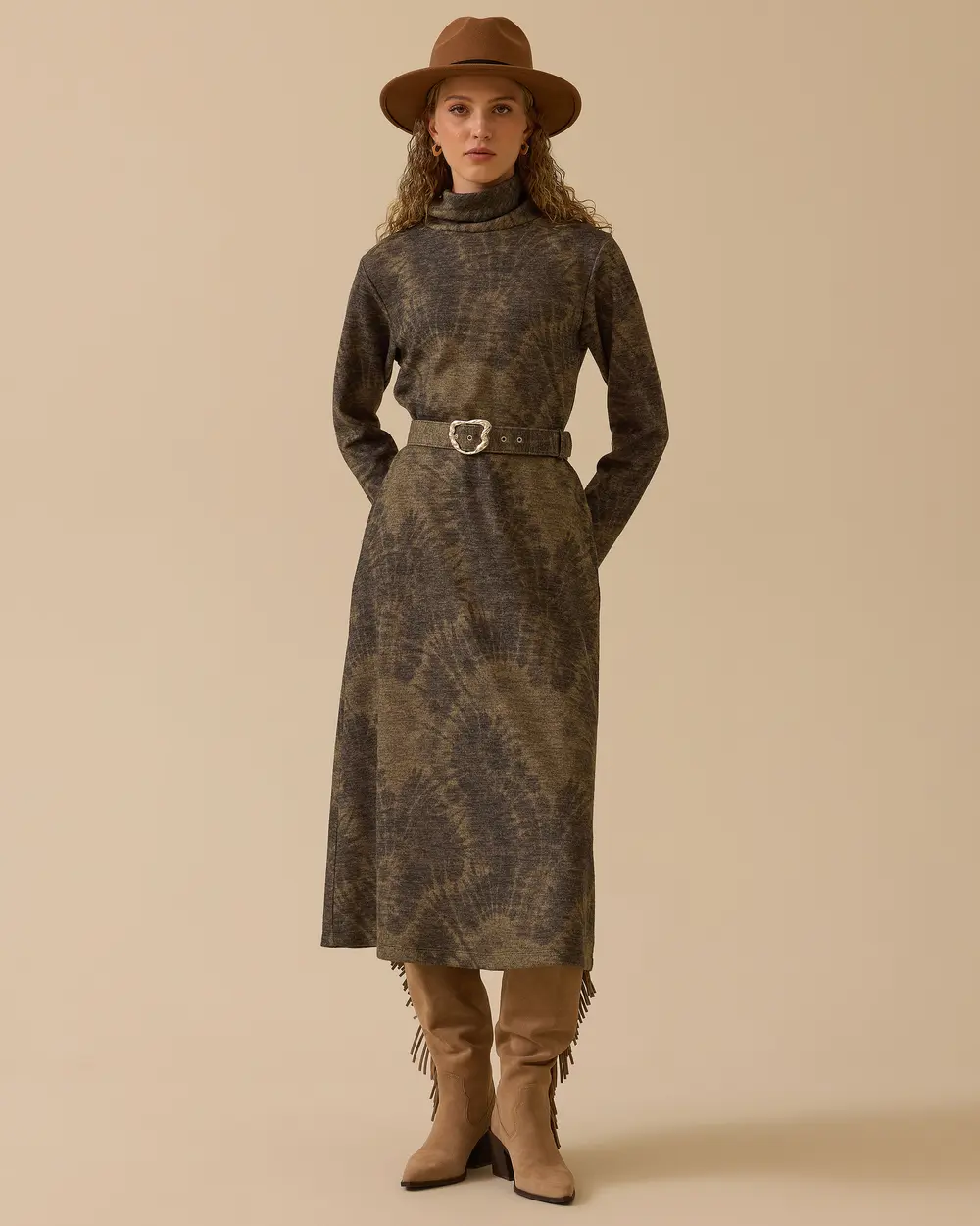 Kemerli Desenli Midi Elbise