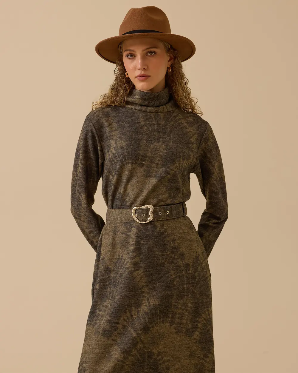 Kemerli Desenli Midi Elbise