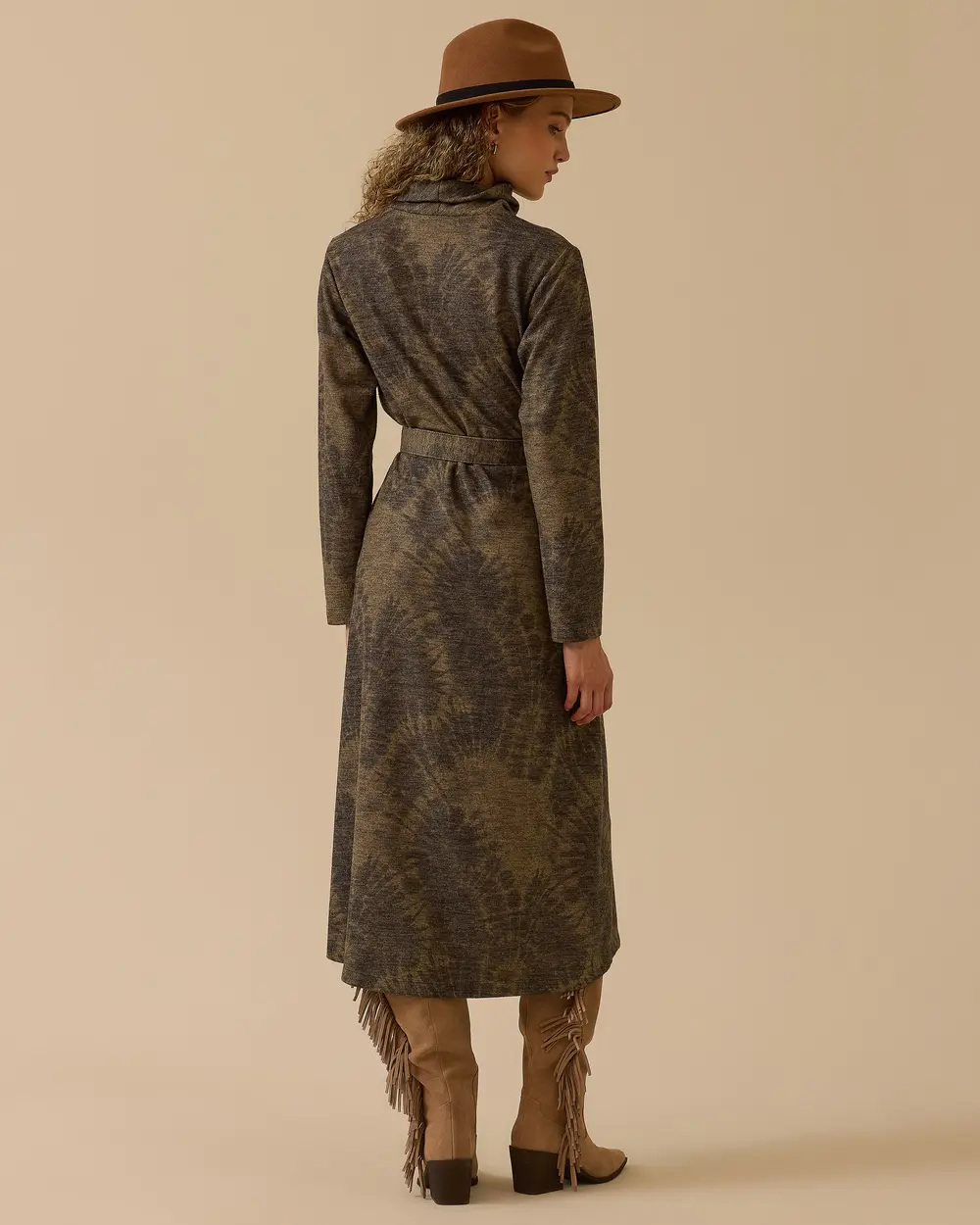 Kemerli Desenli Midi Elbise