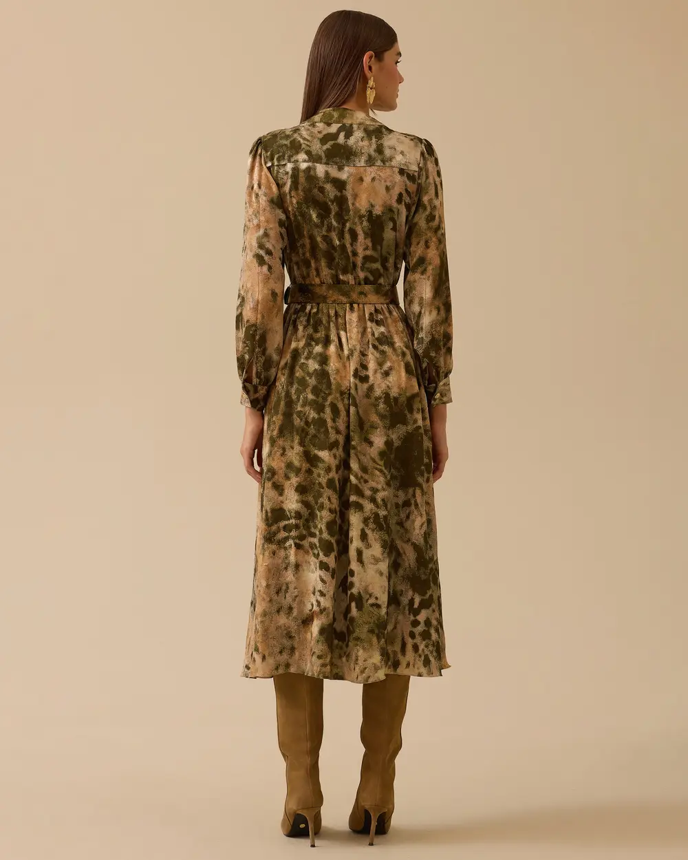 Fular Yakalı Desenli Kemer Detaylı Elbise