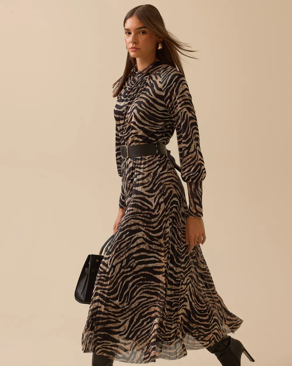 Zebra Desenli Kemerli Elbise