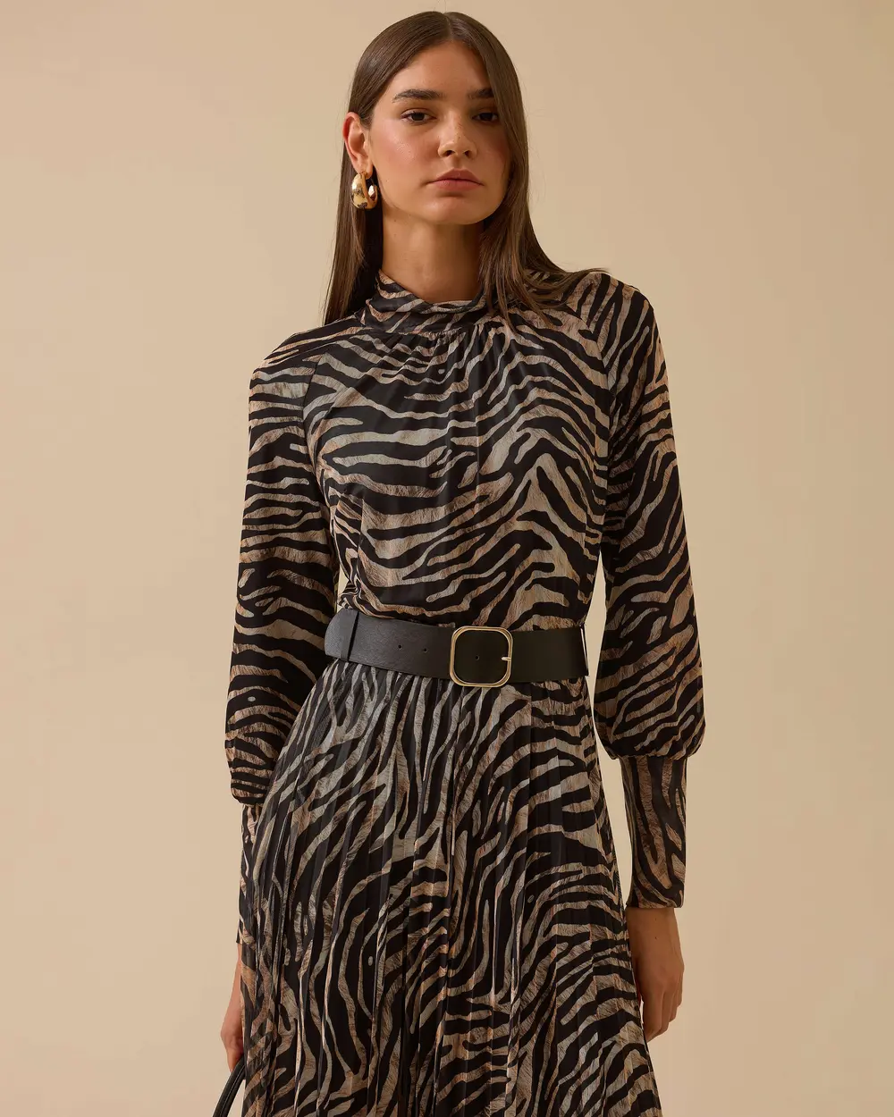 Zebra Desenli Kemerli Elbise
