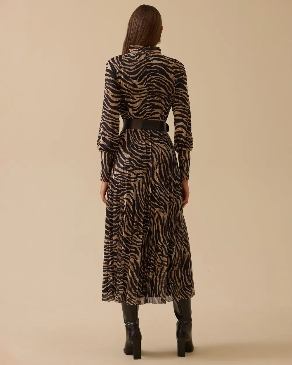 Zebra Desenli Kemerli Elbise