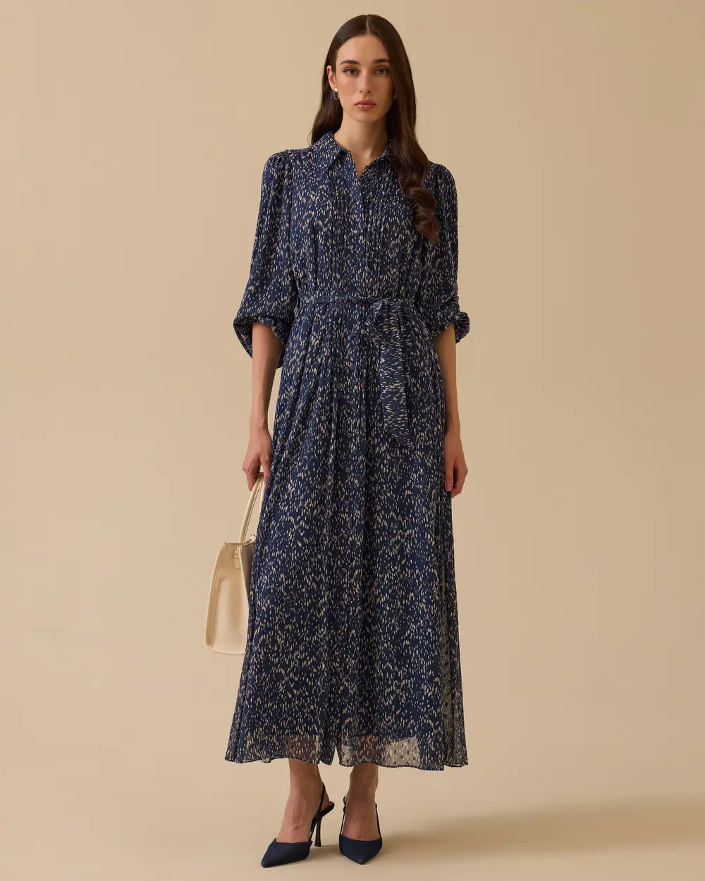 Plise Detaylı Desenli Kuşaklı Elbise