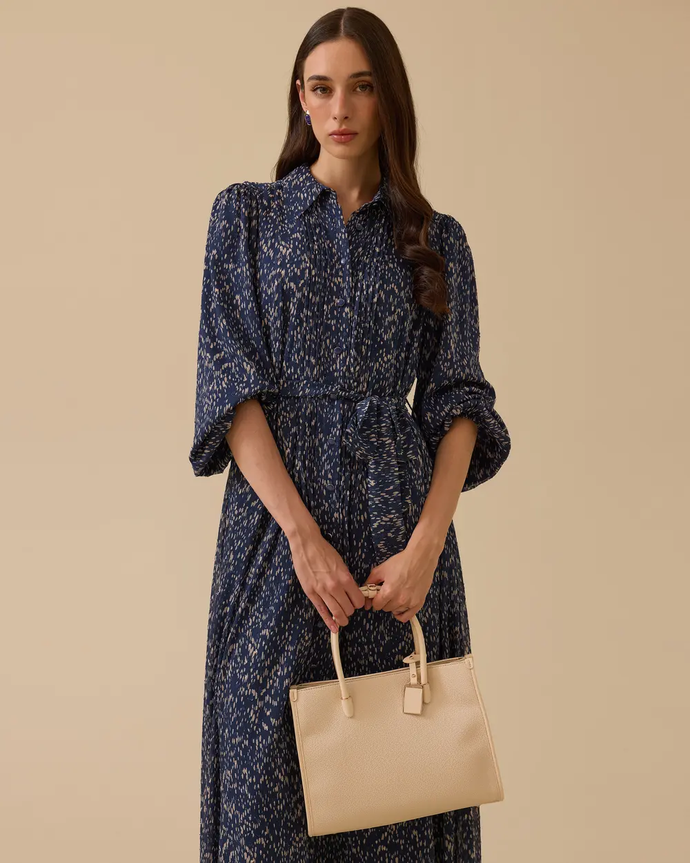 Plise Detaylı Desenli Kuşaklı Elbise