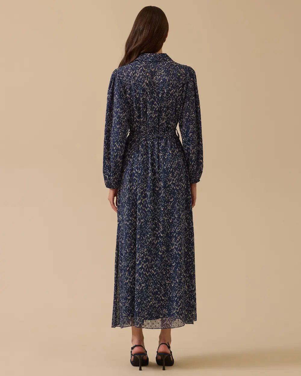 Plise Detaylı Desenli Kuşaklı Elbise