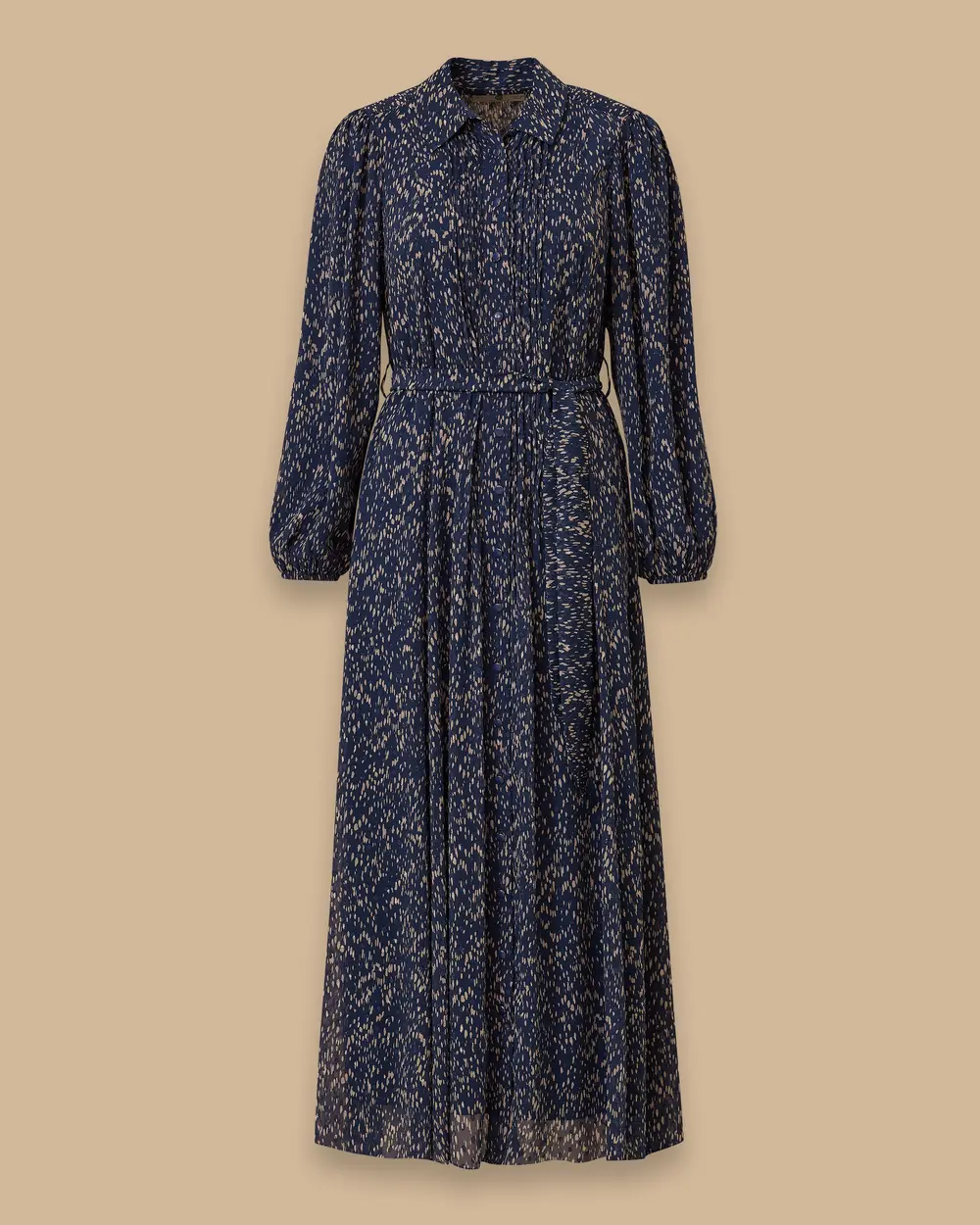 Plise Detaylı Desenli Kuşaklı Elbise