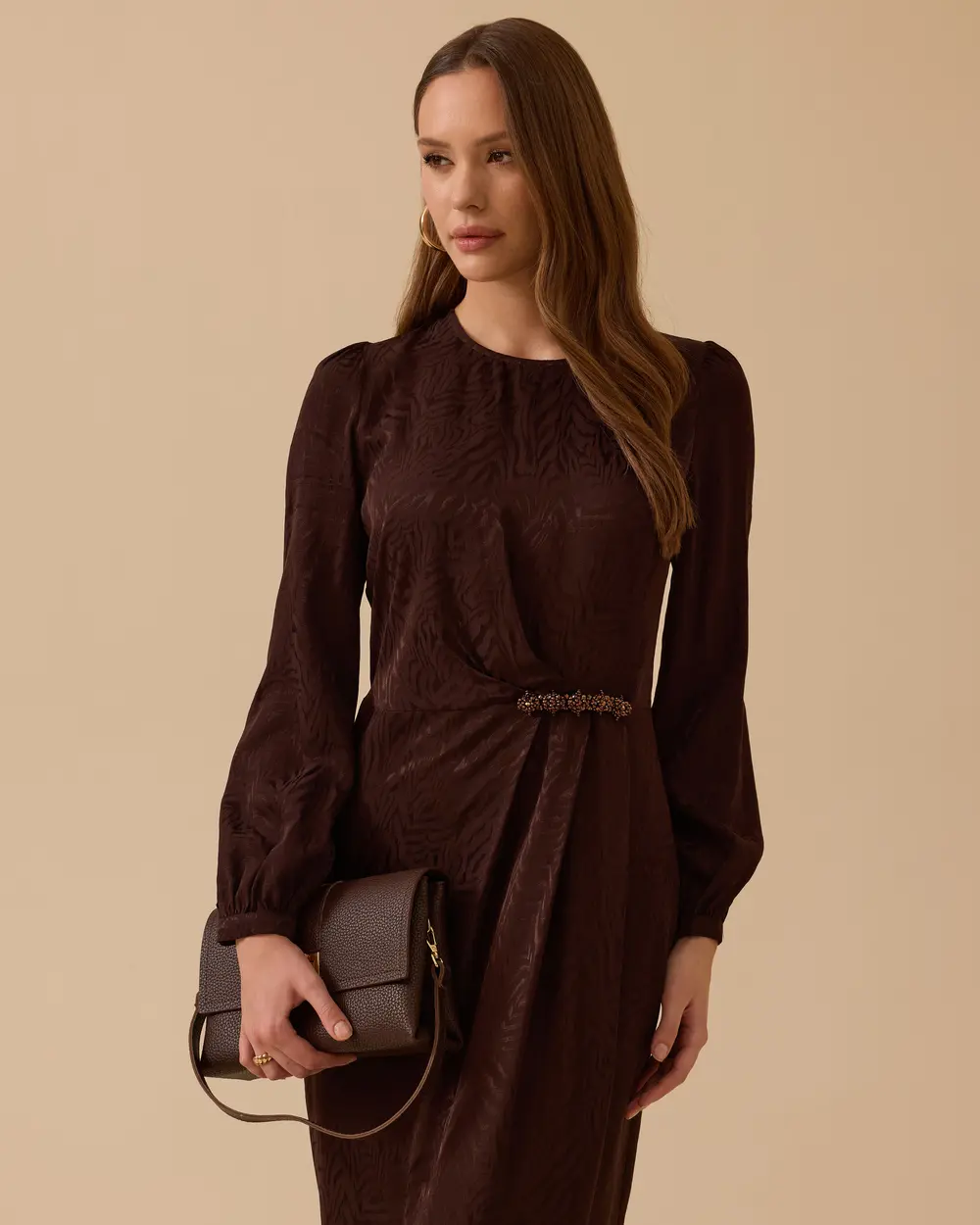 Patterned Bead Detailed Satin Dress