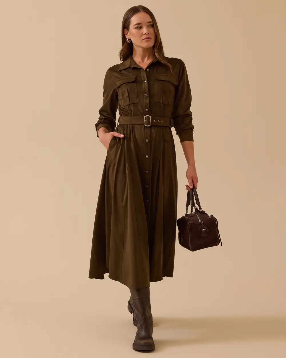 Kemerli Süet Elbise