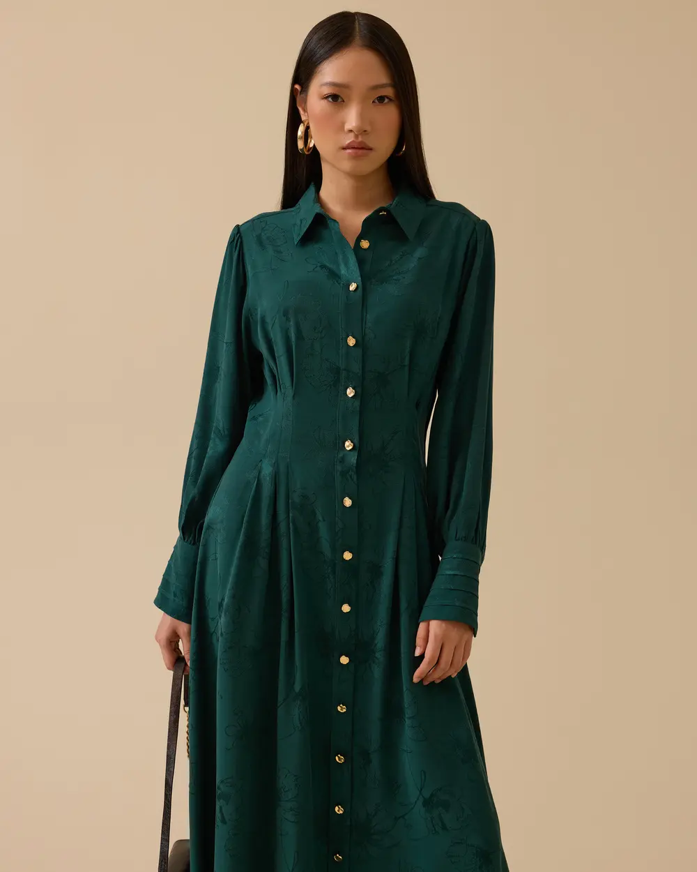 Çiçek Desenli Pile Detaylı Jakar Elbise