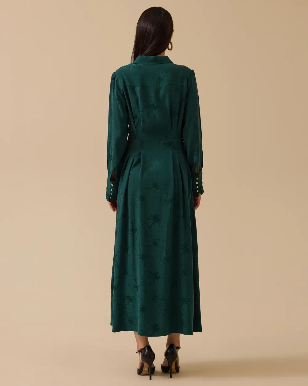 Çiçek Desenli Pile Detaylı Jakar Elbise