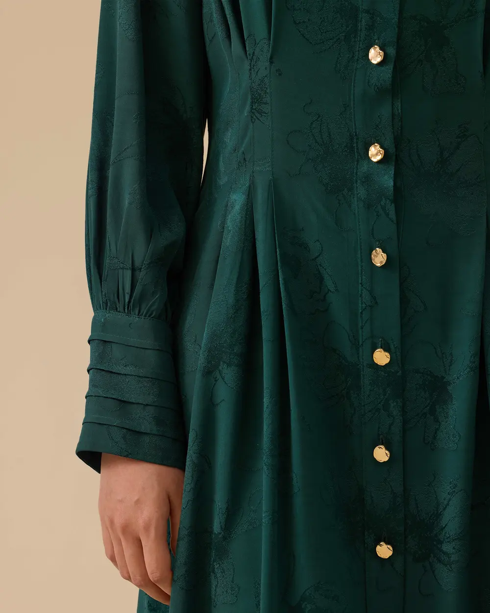 Çiçek Desenli Pile Detaylı Jakar Elbise