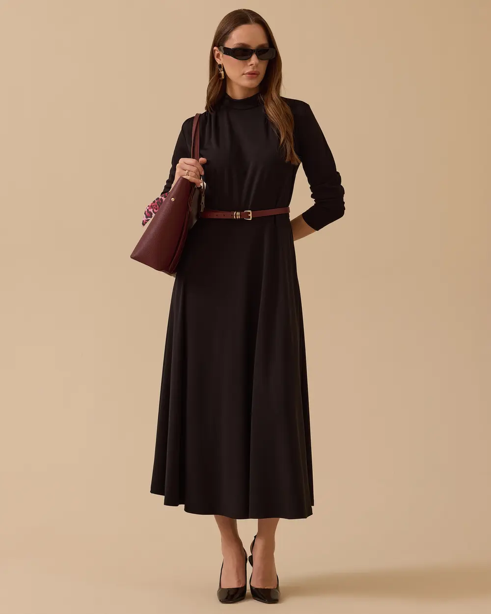 Shoulder Shirred Flared Dress with Belt