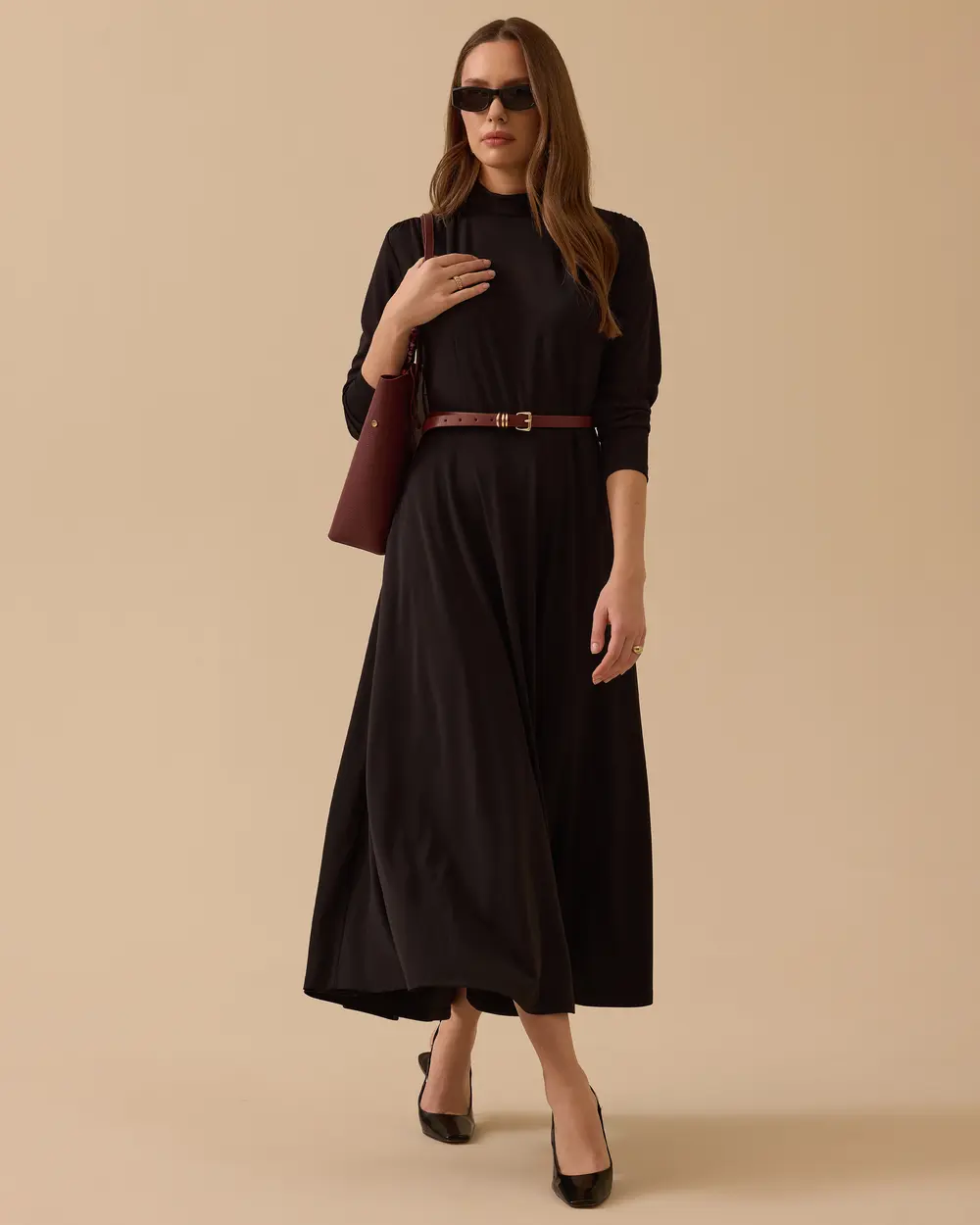 Omuz Büzgülü Kloş Elbise