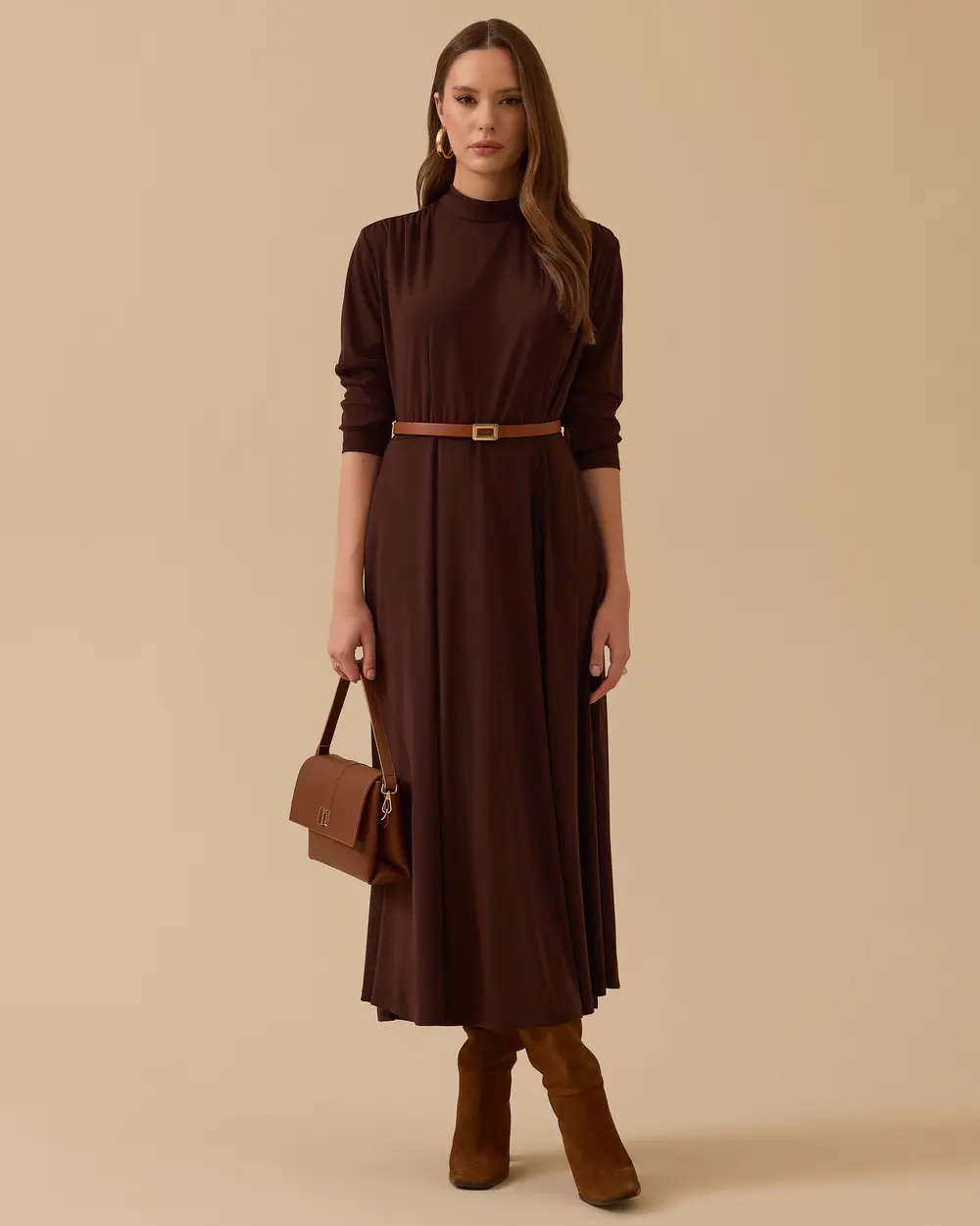 Shoulder Shirred Flared Dress with Belt