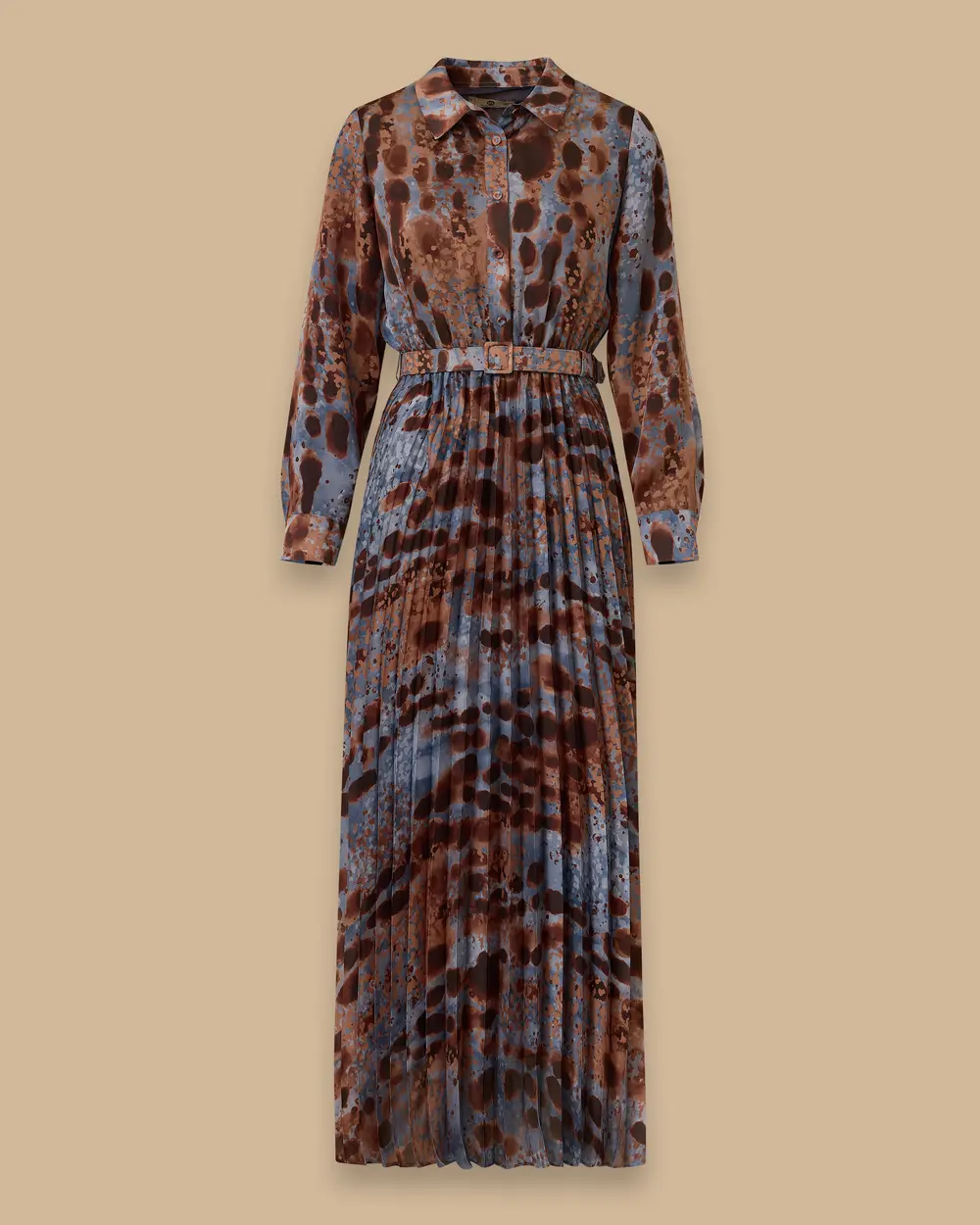 Kemerli Plise Detaylı Desenli Elbise