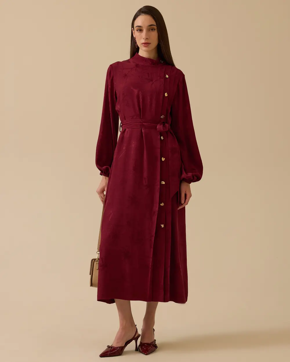 Desenli Pile Detaylı Kuşaklı Elbise