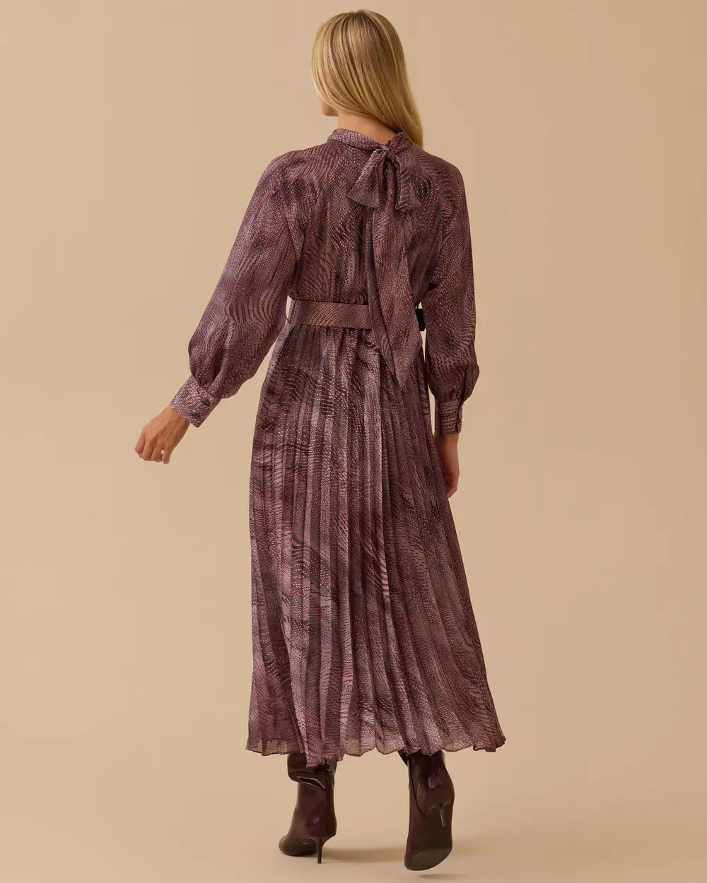 Kemerli Desenli Pliseli Elbise