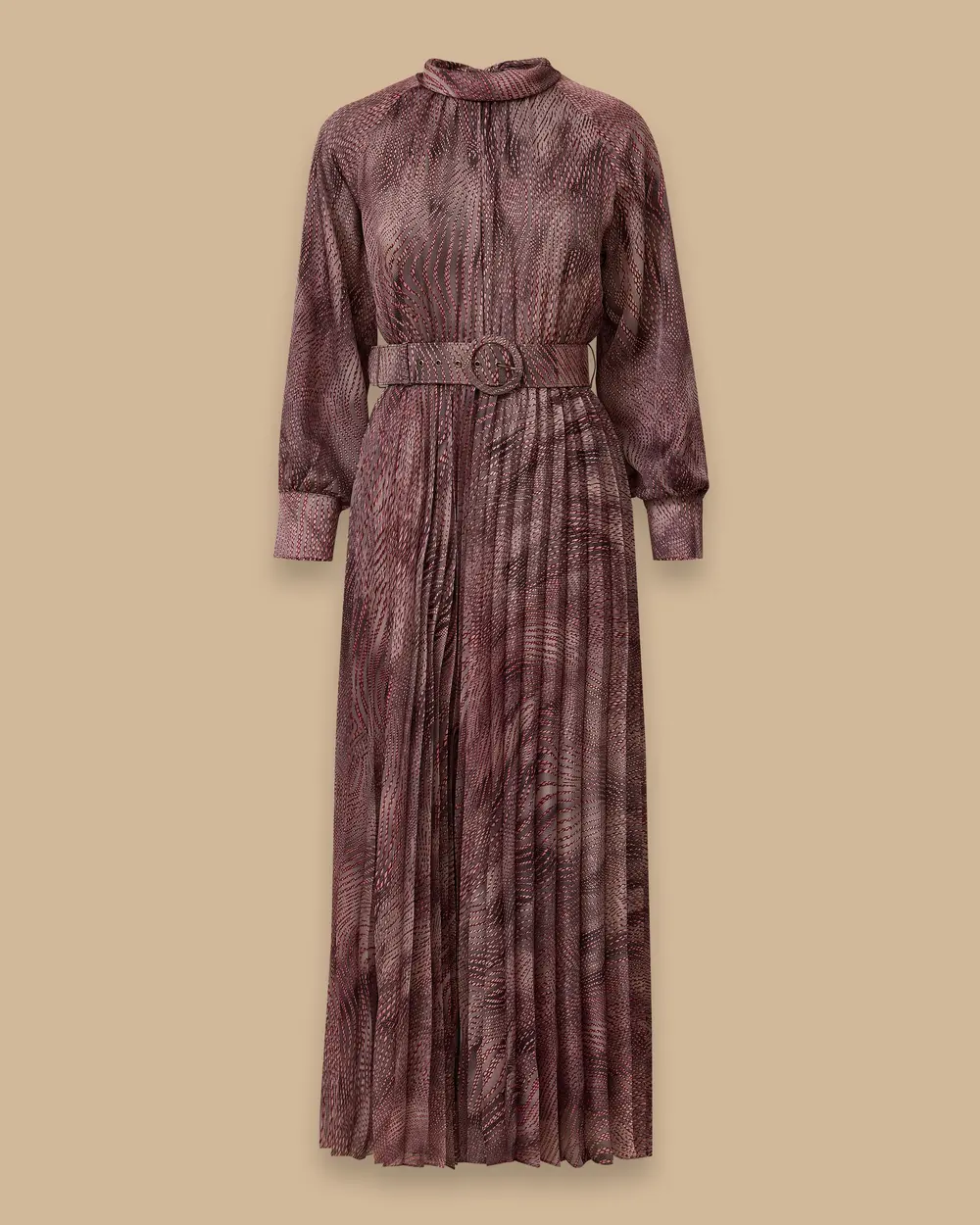 Kemerli Desenli Pliseli Elbise