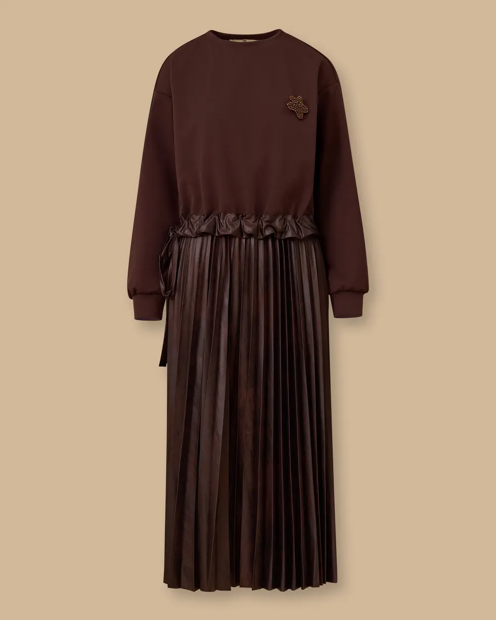 Faux Leather Pleated Midi Dress with Stone Detail