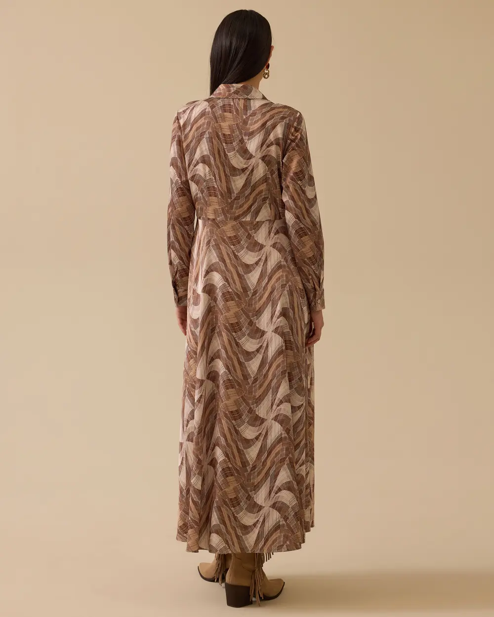 Patterned Buttoned Dress with Tie Detail