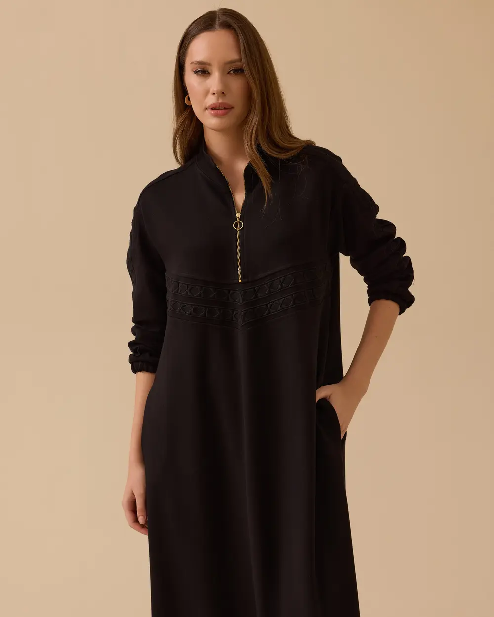 Fermuar Detaylı Uzun Elbise