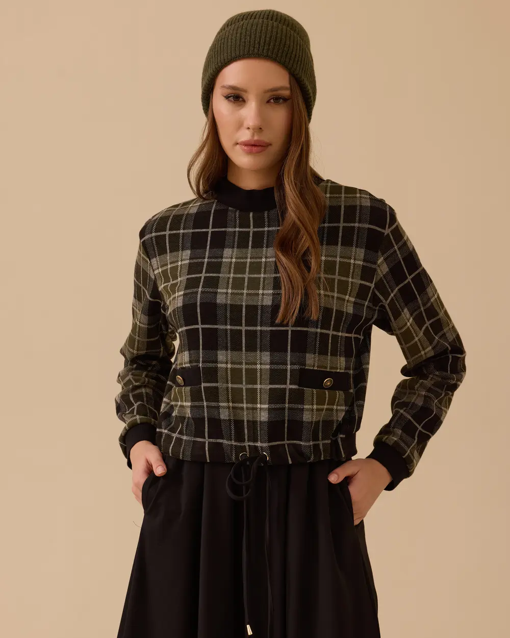 Ekose Desenli Çift Kumaşlı Elbise