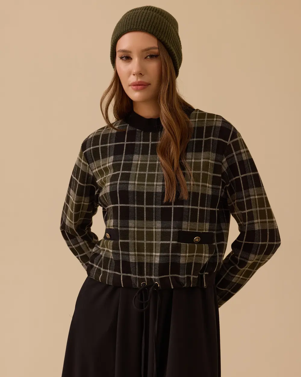 Ekose Desenli Çift Kumaşlı Elbise