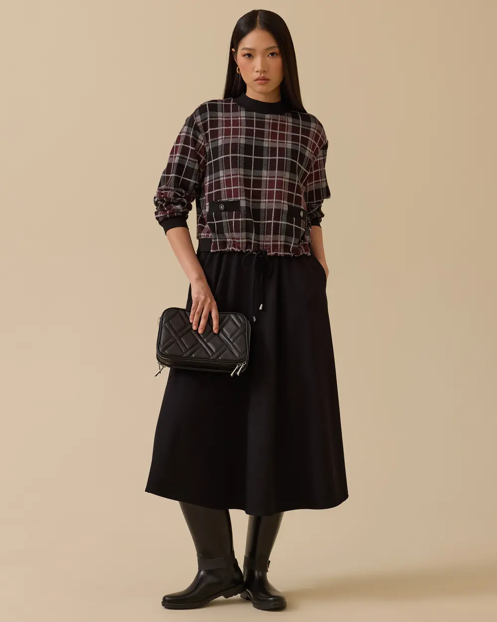 Ekose Desenli Çift Kumaşlı Elbise