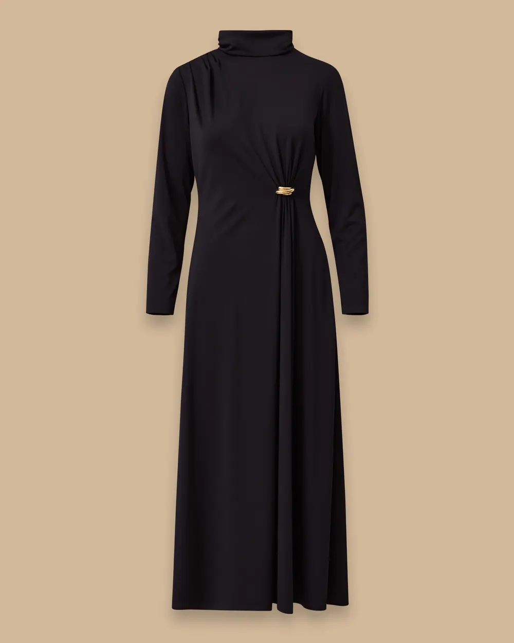Stand Collar Draped Dress with Metal Accessories