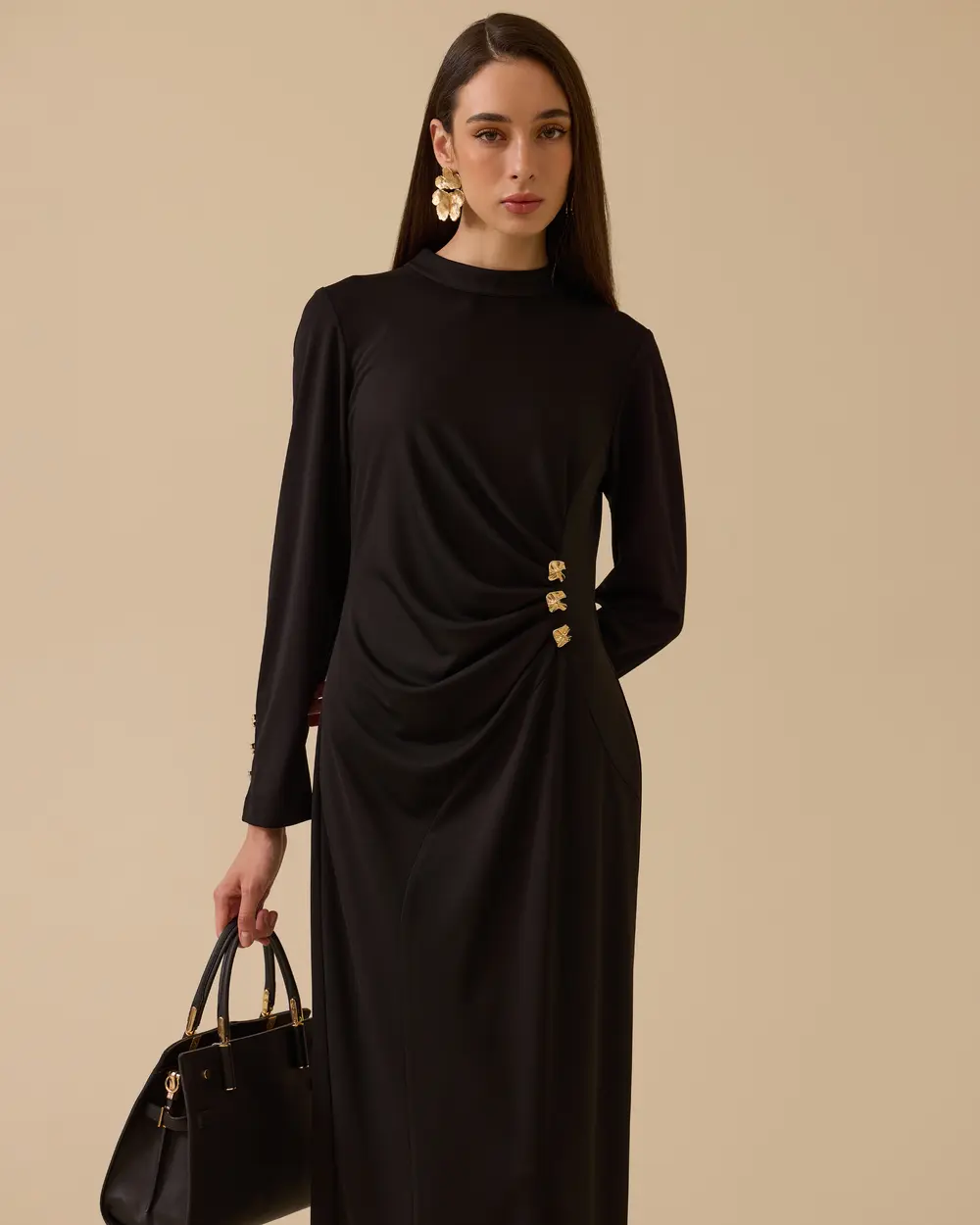 Metal Aksesuarlı Drapeli Krep Elbise