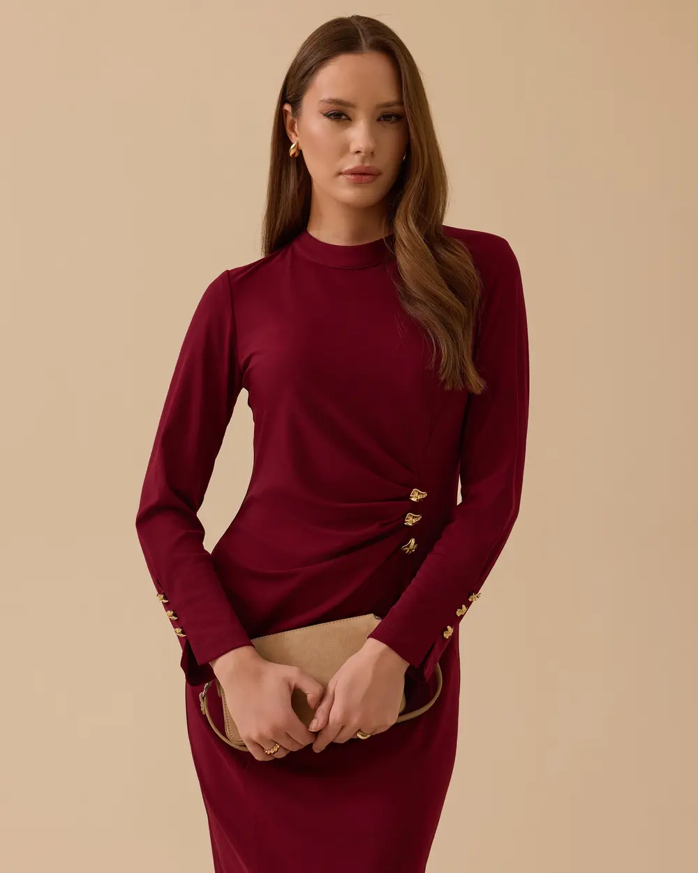 Metal Aksesuarlı Drapeli Krep Elbise