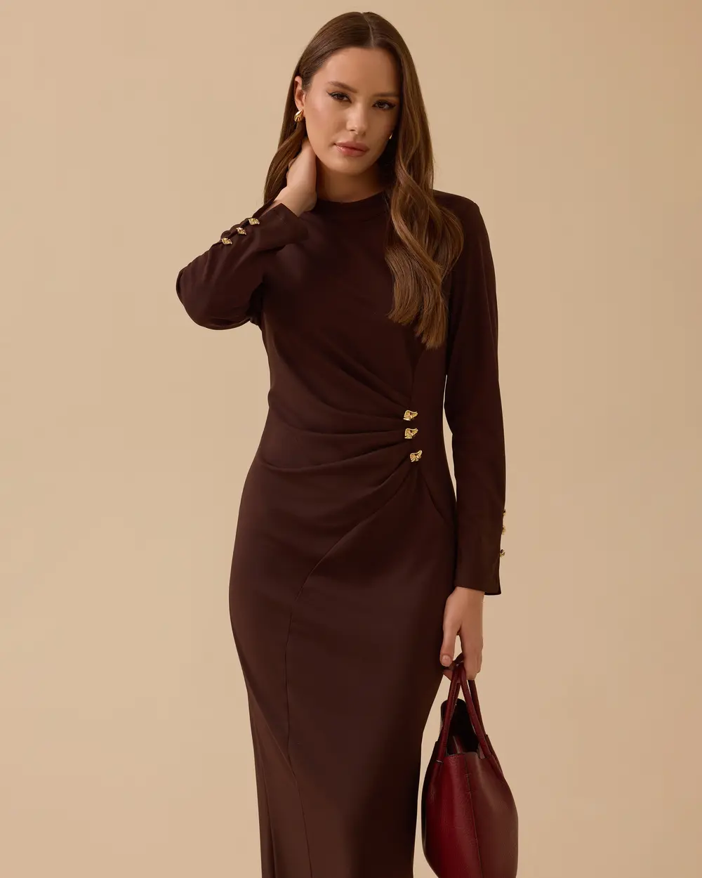 Metal Aksesuarlı Drapeli Krep Elbise