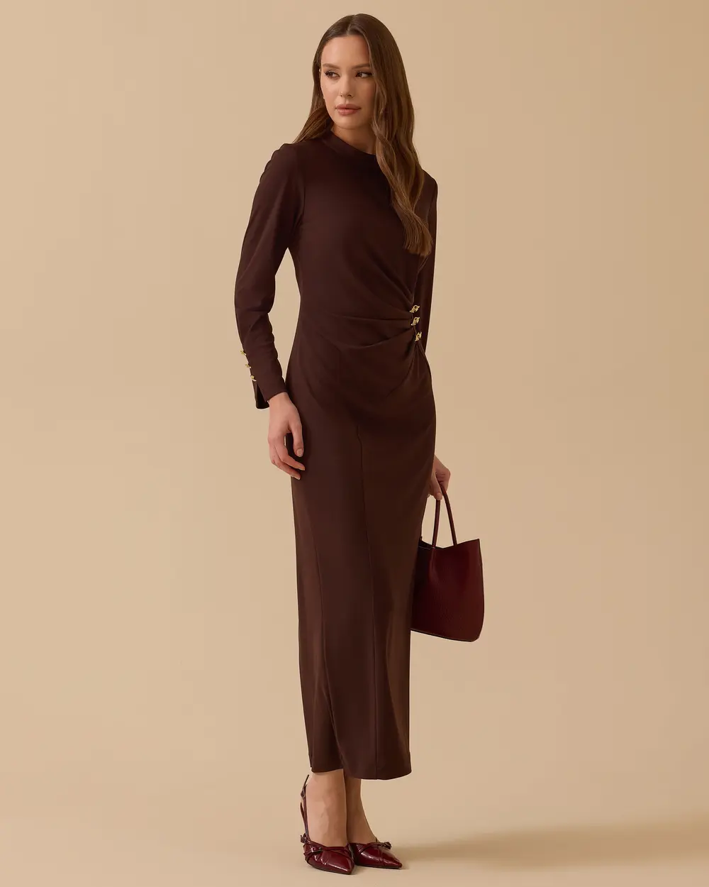 Metal Aksesuarlı Drapeli Krep Elbise