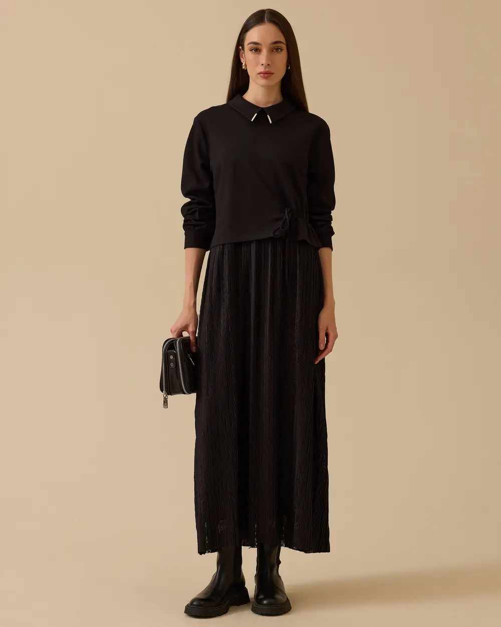 Bel Bağcıklı Çift Kumaşlı Elbise