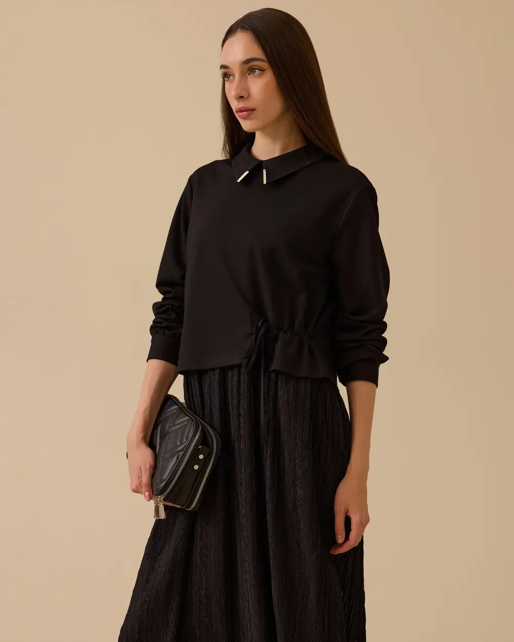 Bel Bağcıklı Çift Kumaşlı Elbise