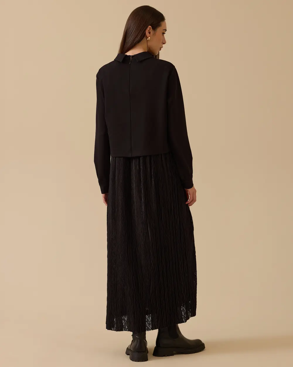 Bel Bağcıklı Çift Kumaşlı Elbise