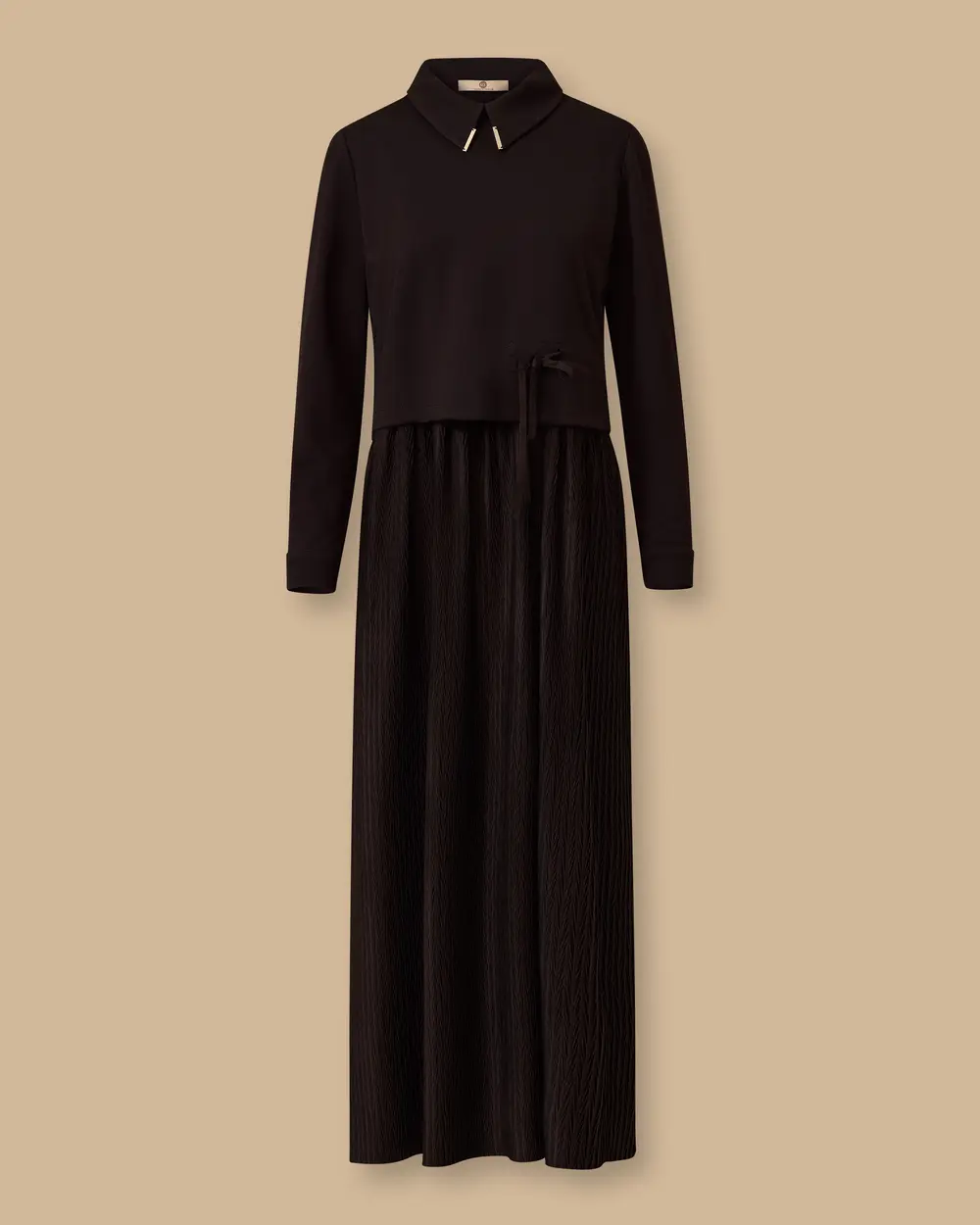 Bel Bağcıklı Çift Kumaşlı Elbise