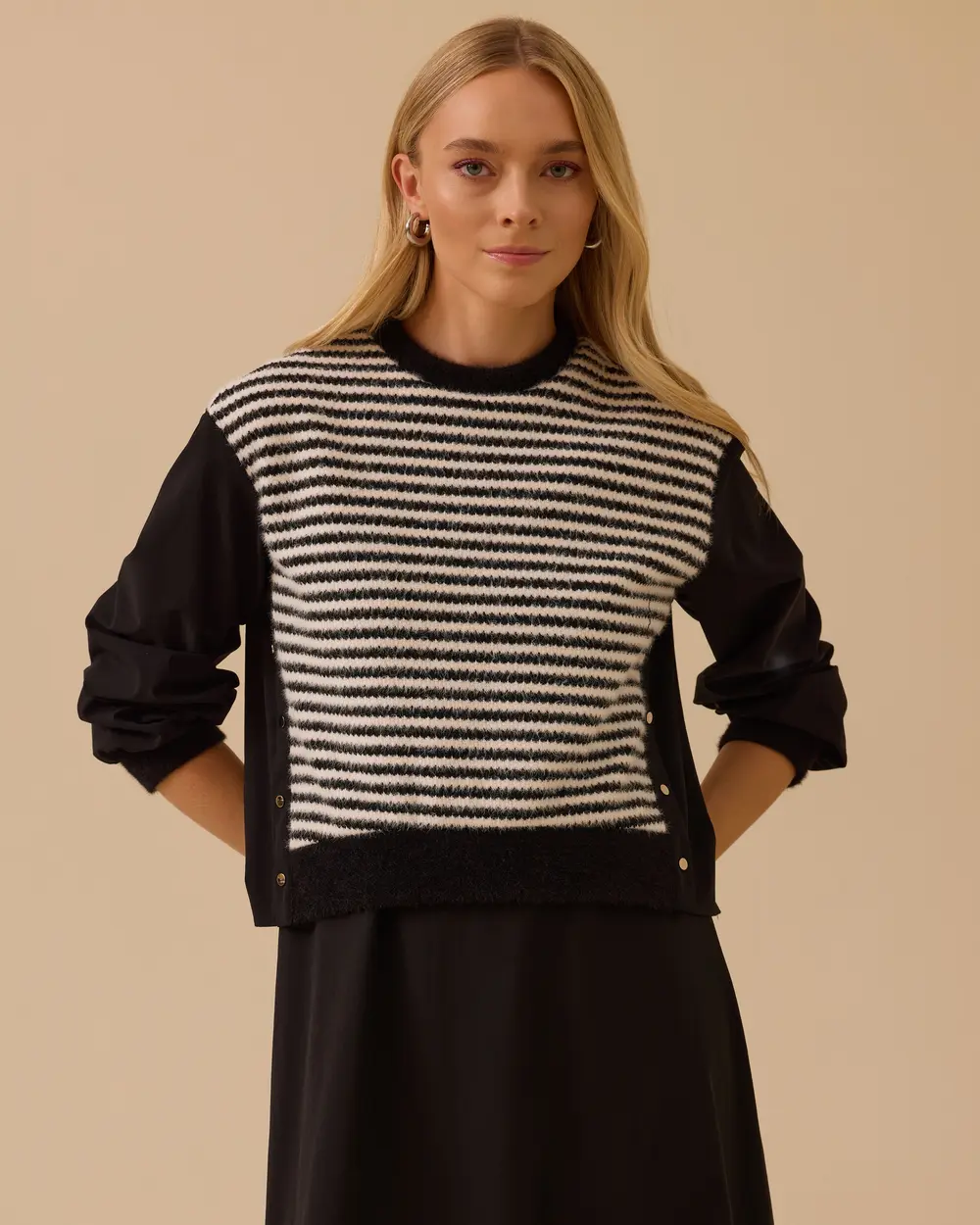 Çift Kumaşlı Çizgi Desenli Elbise