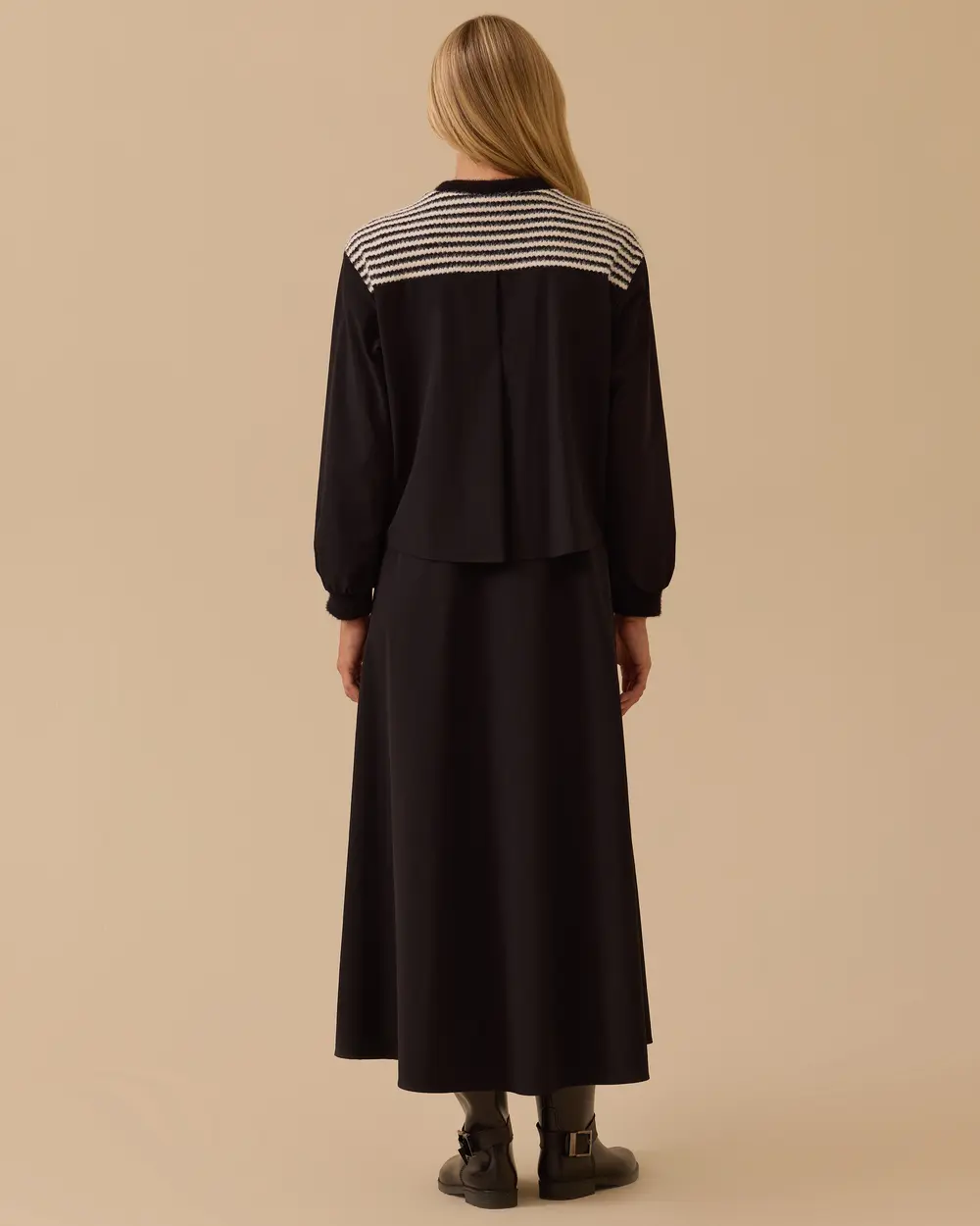 Çift Kumaşlı Çizgi Desenli Elbise