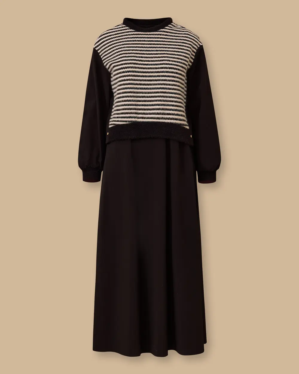 Çift Kumaşlı Çizgi Desenli Elbise