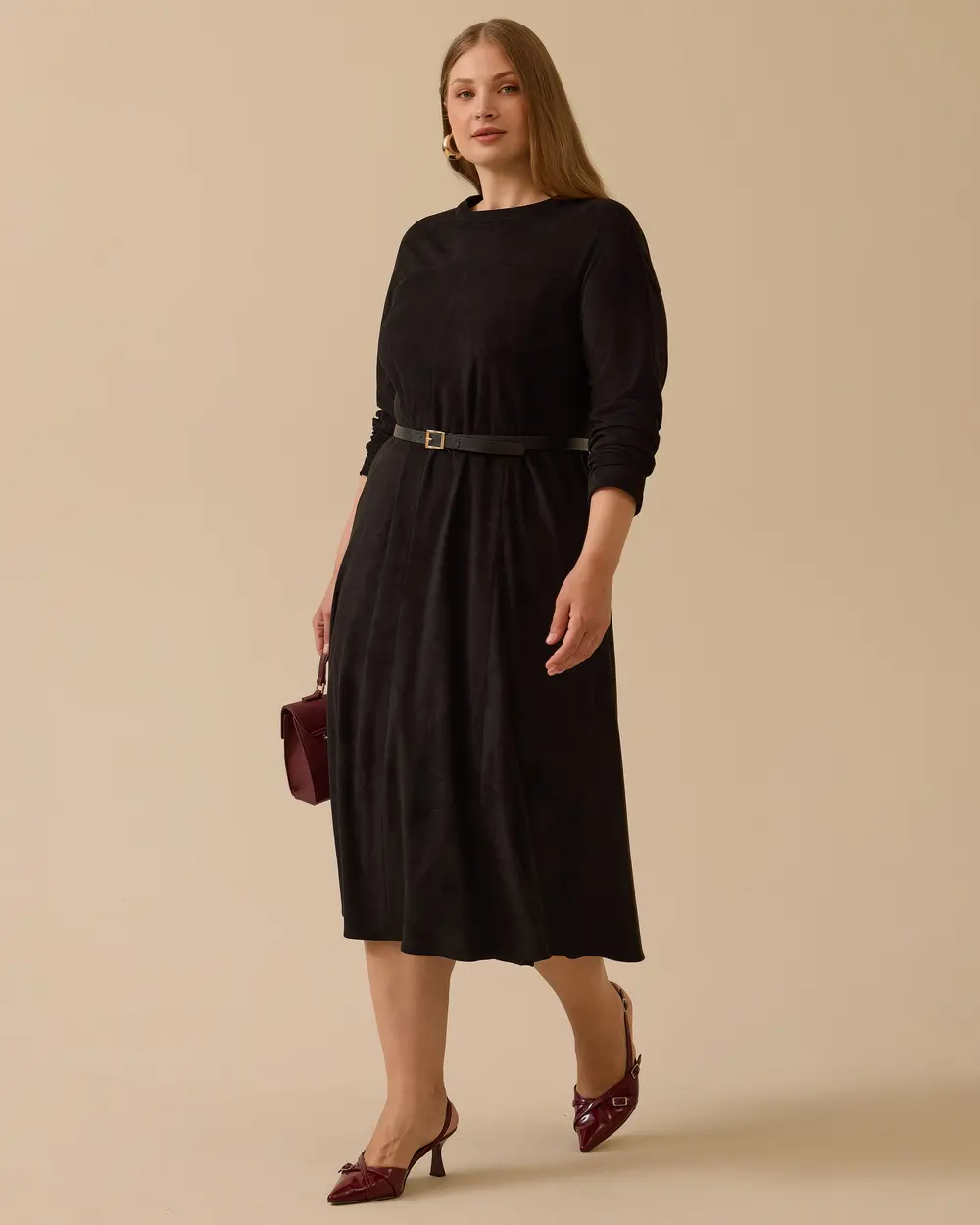 Büyük Beden Yuvarlak Yaka Süet Elbise