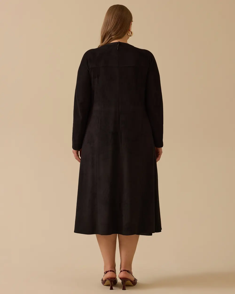 Büyük Beden Yuvarlak Yaka Süet Elbise