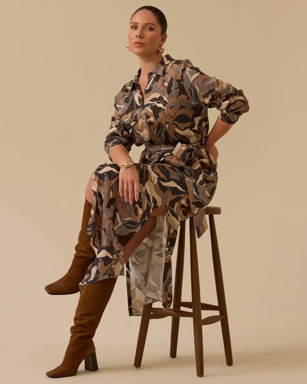 Büyük Beden Desenli Kuşaklı Jakar Elbise